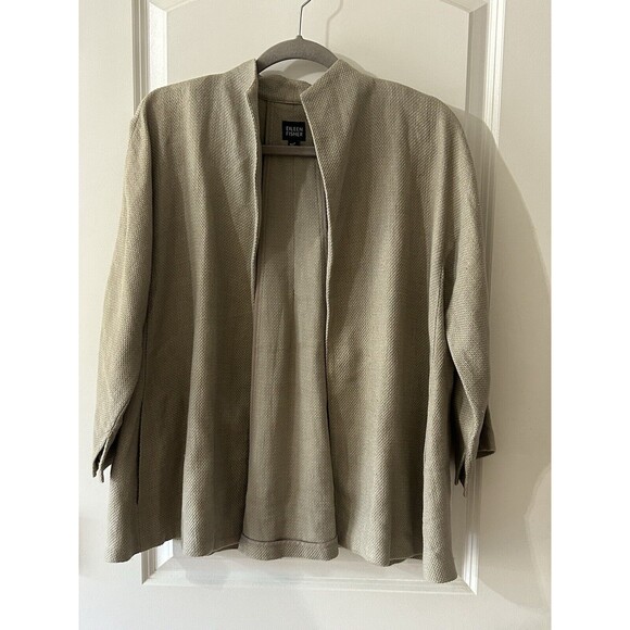 EILEEN FISHER Womens S Beige Linen Blend Open Blazer Jacket 3/4 Sleeve Pocket - Picture 2 of 11